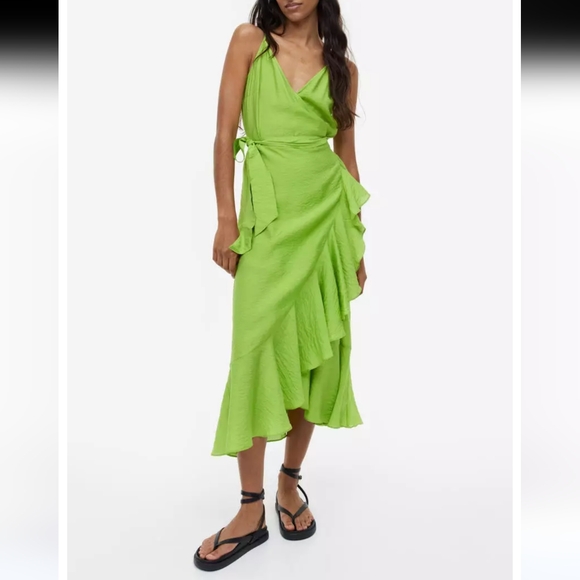 H&M Flounce-Trimmed Wrap Dress Women's XXL Green Dopamine Artsy Party - Picture 1 of 11